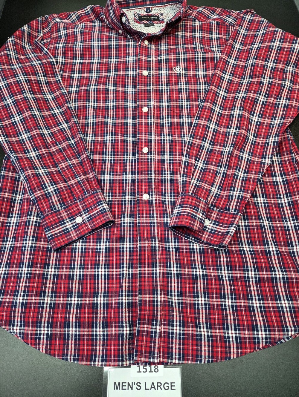 Ariat Pro Series Men’s Large Red Navy Plaid Long Sleeve Western Shirt #1518